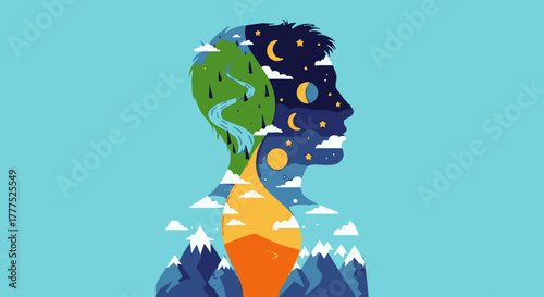 Human head silhouette with nature and celestial elements inside.