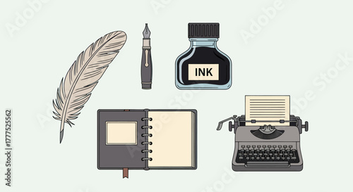 Writing Tools - Feather Quill, Inkwell, Fountain Pen, Notebook, and Typewriter.