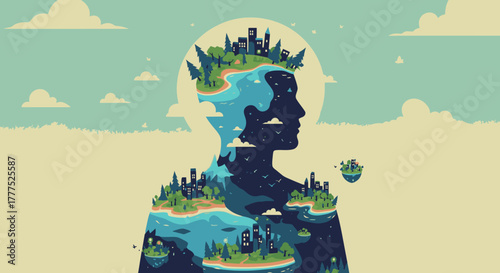 Human silhouette with nature and cityscapes inside, symbolizing environmental connection.
