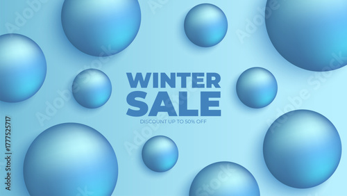 Winter Sale Commercial Banner. Winter Season Sale promotion background with blue colored spheres. Vector illustration.
