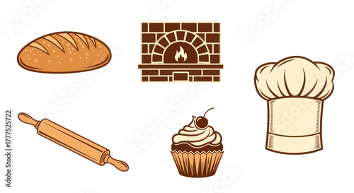 Bakery Icons - Bread, Oven, Chef Hat, Rolling Pin, and Cupcake.
