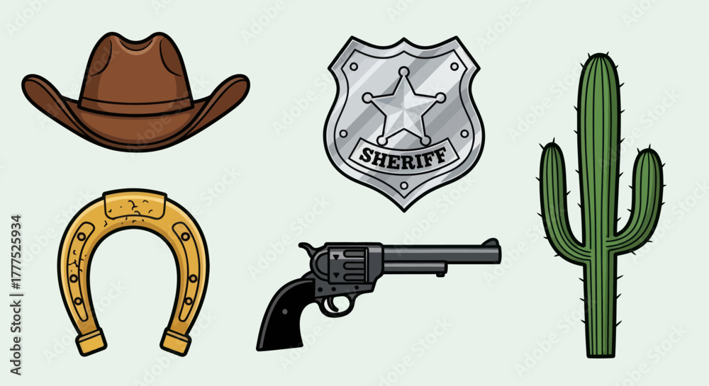 Naklejka premium Western Icons - Cowboy Hat, Sheriff Badge, Horseshoe, Revolver, Cactus.
