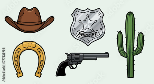 Western Icons - Cowboy Hat, Sheriff Badge, Horseshoe, Revolver, Cactus.