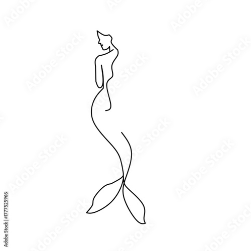 Elegant continuous line art of a mermaid from the back, showcasing her graceful figure and tail. Minimalist, mystical, and beautiful design for fantasy or ocean themes.