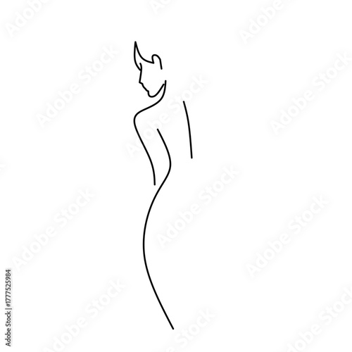 Minimalist continuous line art of a woman's back and profile. Emphasizes the elegant curve of the figure. Simple, abstract, and graceful design for beauty or fashion.