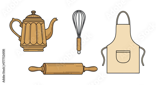 Collection of Kitchen Utensils and Baking Tools.