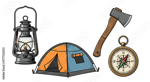 Camping essentials illustration featuring lantern tent axe and compass for outdoor adventures.