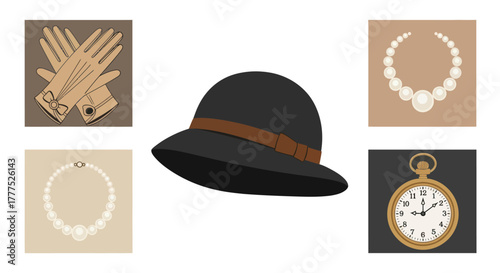 Vintage fashion accessories set with hat gloves and jewelry.