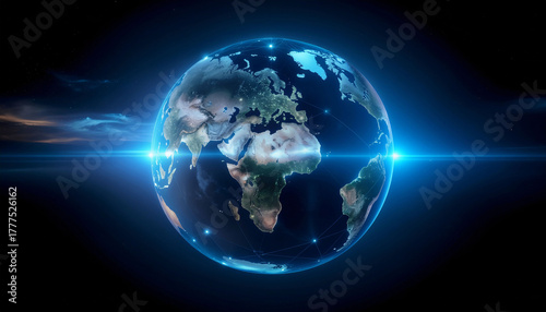 Stunning digital Earth glows with futuristic network connections, symbolizing global connectivity and advanced technology in the cosmos.