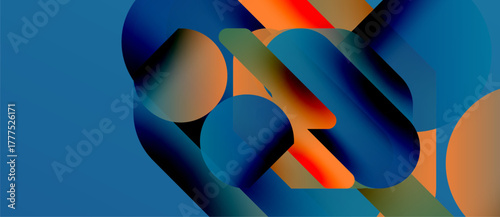 Abstract composition featuring overlapping circles, vibrant colors, dynamic shapes. Blue dominates background, orange accents present. Modern design.