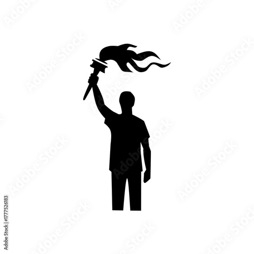 Black silhouette of a person holding a flaming torch, symbolizing freedom, victory, and enlightenment. Simple vector design on a white background.