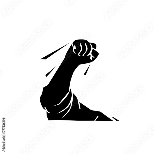 Black silhouette of a raised fist symbolizing power, protest, and resistance. Simple vector design representing unity, freedom, and determination.