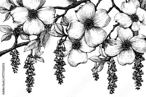 Elegant Black White Botanical Art Dogwood Blossoms Hazel Catkins | Clean, isolated vector art for creative projects.