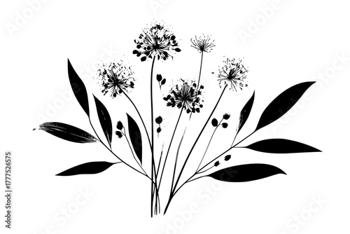 Monochrome Blossoms Forget-Me-Nots Bay Leaves | Clean, isolated vector art for creative projects.