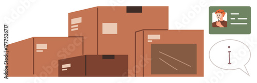 Brown shipping boxes stacked neatly alongside an ID card and a message icon. Ideal for logistics, delivery, warehouse management, e-commerce, supply chain, freight, and packaging. Represents a simple