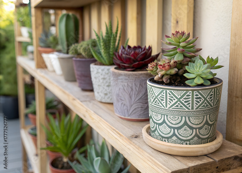 Succulents in decorative pots on wooden shelf create serene atmosphere