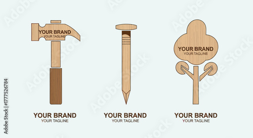Set of wooden carpentry tool and tree logo templates.
