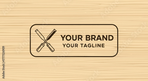 Woodworking Logo with Crossed Chisels and Customizable Brand Text on Wood Background.