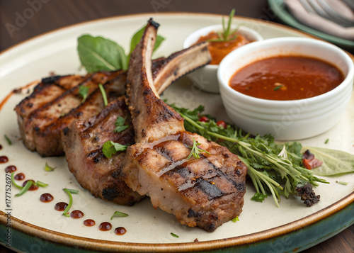 Grilled meat chops are served attractively garnished with fresh herbs alongside a dipping sauce
