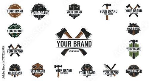 Collection of Vintage Lumberjack Logos with Axes and Woodworking Tools.