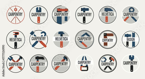 Collection of Carpentry and Helvetica Themed Circular Logos with Tools.