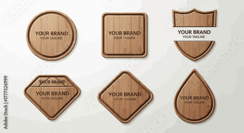 Collection of realistic wooden labels in various geometric shapes for branding.