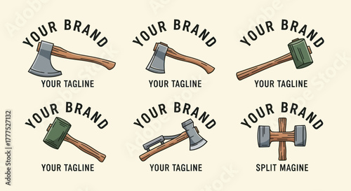 Collection of vintage axes and hammers for brand identity.