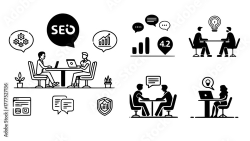 Digital Marketing, Business Meeting, and SEO Strategy Vector Icon Set