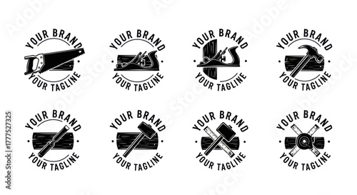 Collection of vintage carpentry tools in circular emblem designs.