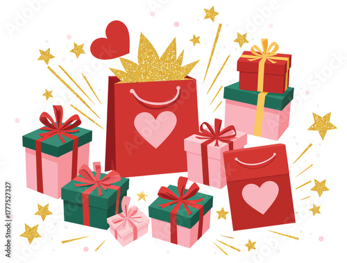 Vector illustration of a festive collection of gift boxes and shopping bags with hearts and stars