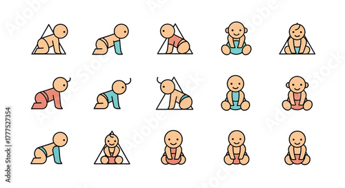 Collection of stylized baby icons depicting different stages of development and poses.