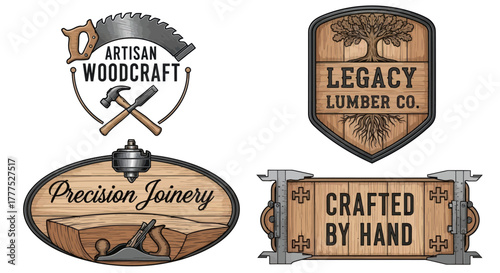 Artisan Woodcraft and Legacy Lumber Co. Logos Featuring Woodworking Tools and Text.