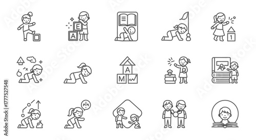 A collection of line art illustrations depicting children engaged in various playful activities.