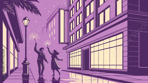 Celebrating new year's eve with sparklers in a city street scene | editable eps