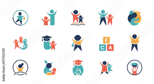 A collection of colorful, stylized illustrations depicting children and adults.