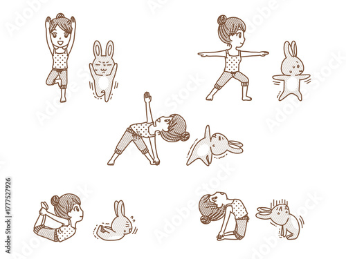 おしゃれでかわいい手描きのヨガイラストセット