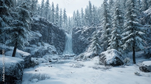 A snowy forest with a frozen waterfall,