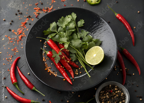 A striking black plate lies surrounded by vibrant red chilies, fresh cilantro, and a lime. Peppercorns scatter around, inviting bold flavors and culinary creativity. Perfect for a spicy dish! 