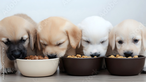 Four adorable puppies, each with unique coat colors, are shown in a line, heads down, happily eating from their respective bowls on a light grey floor. The dogs all seem content and focused.