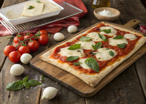 Homemade rectangular pizza rests on rustic wood table. Fresh tomato sauce, melted mozzarella cheese, green basil leaves. Whole red tomatoes, mozzarella balls, fresh basil arranged nearby.