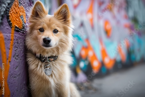 Fototapeta Naklejka Na Ścianę i Meble -  pomeranian in colorful graffiti wall