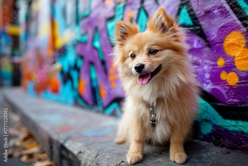 Fototapeta Naklejka Na Ścianę i Meble -  pomeranian isolated on colorful graffiti wall