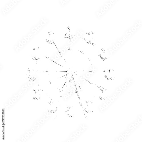 Close up view of a black and white ferris wheel with gondolas and spokes against a white background