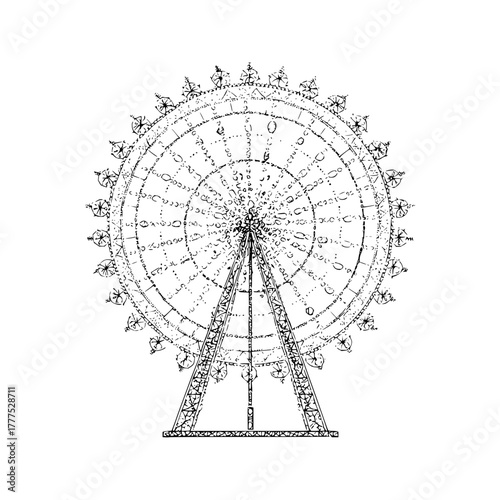 Detailed black and white sketch of a ferris wheel with intricate patterns and structural support system
