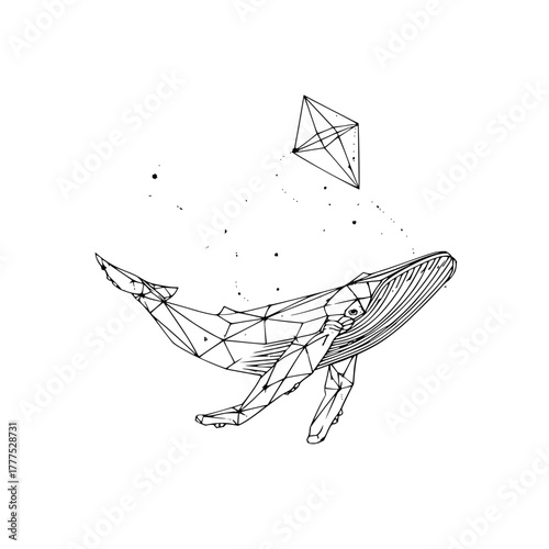 Geometric whale illustration with a polygonal shape above and small dots scattered around it