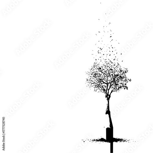 A solitary tree with falling leaves standing beside a grave stone on a white background in monochrome style