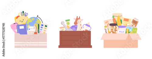 Charity boxes. Donation box with various contents. Collection for school, for newborn baby, food. Share children toys, stationery, products, vector set