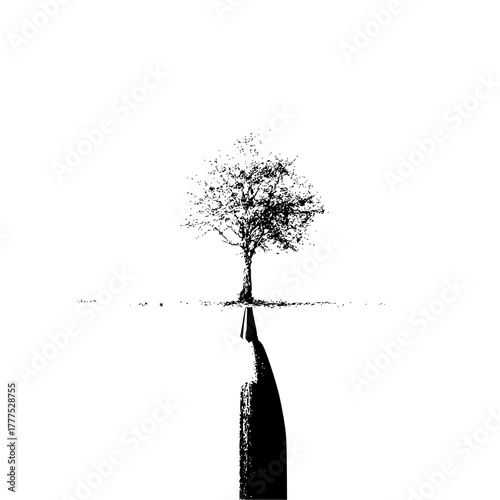 A solitary tree stands above a dark, elongated shape, rendered in stark black and white minimalism design