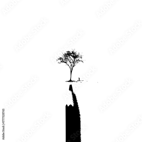 Silhouette of a lone tree and a person standing near it with a pencil drawing below it on white background
