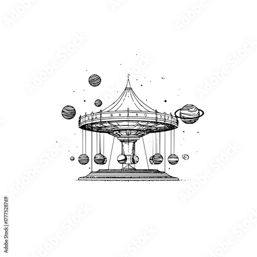 A whimsical carousel with planetary ornaments floating around it in a black and white sketch style art